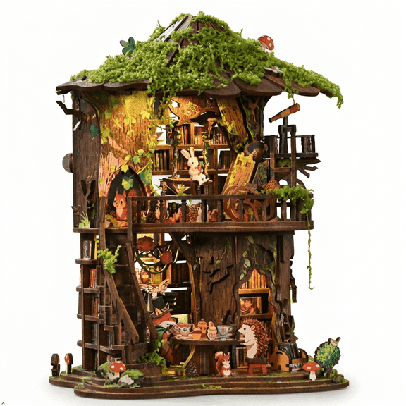 Ygarkret Forest Tree House Wooden 3D Assembly Puzzle Kit, Lighted Handmade Moss Tree Cabin Model Decor for Indoor Adult Home Display