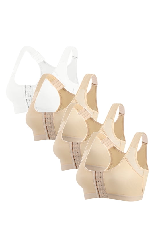 4 Pieces Women Front Snap Closure Comfort Bra, Mesh Back Panel, Non‑Underwire, Adjustable Shoulder Straps for Posture Support and Everyday Loungewear White XL