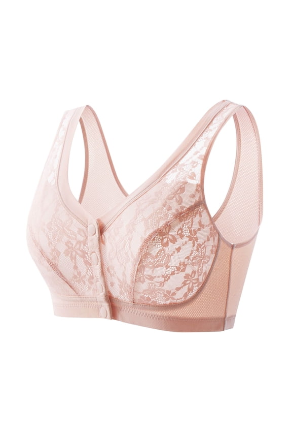 BC Cup Floral Lace Front Snap Bra, Thin Cooling Mesh Wireless Adjustable Straps Daily Bralette Pink 100B