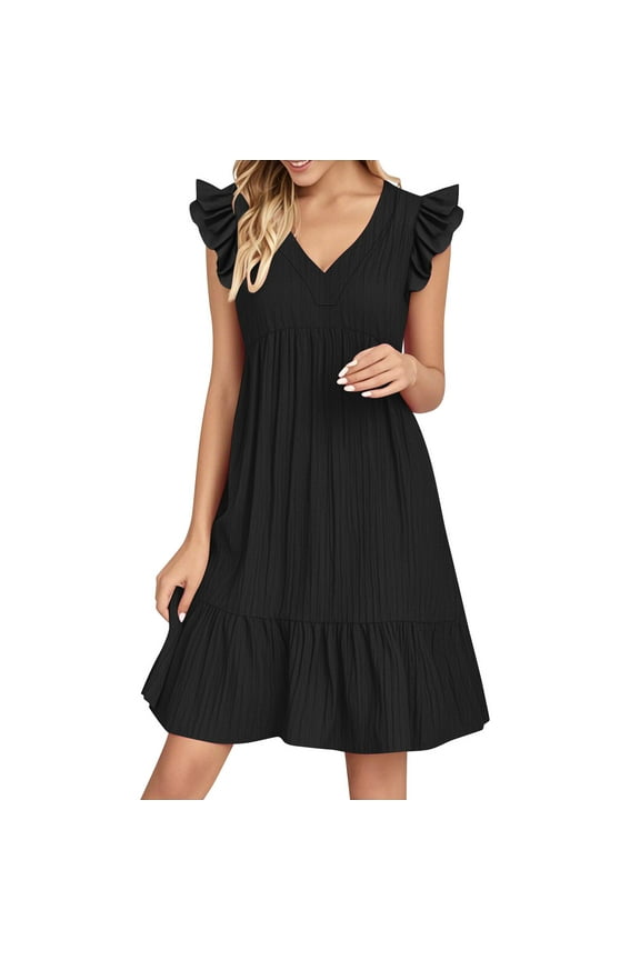 Boho Midi Dress for Women Lightweight Summer Dresses Sleeveless V Neck Ruffle Dresses Trendy Casual Vacation Outfits Black L