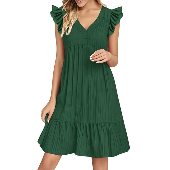 Ygbgbb Boho Midi Dress for Women Lightweight Summer Dresses Sleeveless V Neck Ruffle Dresses Trendy Casual Vacation Outfits Green S