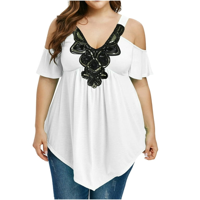 Casual Short sleeve Solid Color Cold shoulder Pachwork Plus size Tops Casual Short sleeve Solid Color Cold shoulder Pachwork Plus size Tops