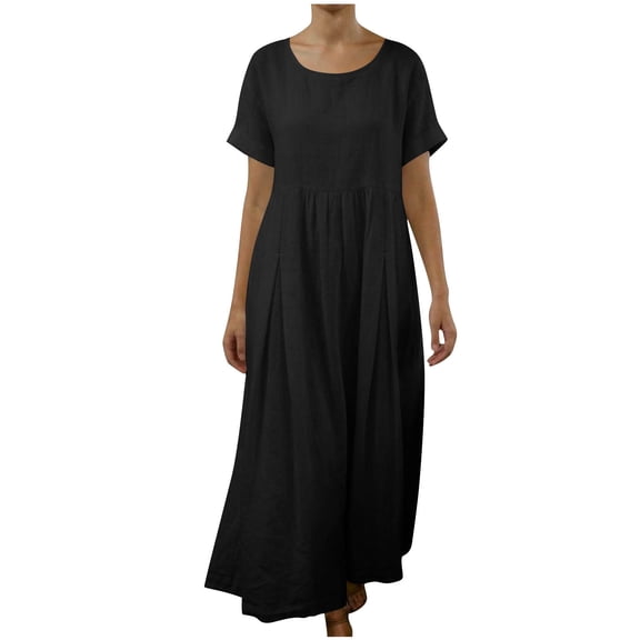 Ygbgbb Cotton Linen Dresses for Women Loose Fit Summer Maxi Dress Lightweight Loungewear Dress Solid Casual Short Sleeve Dress Black XL