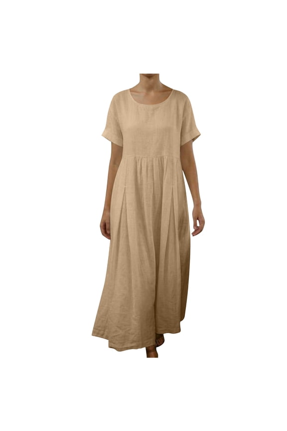 Cotton Linen Dresses for Women Loose Fit Summer Maxi Dress Lightweight Loungewear Dress Solid Casual Short Sleeve Dress Khaki XXL