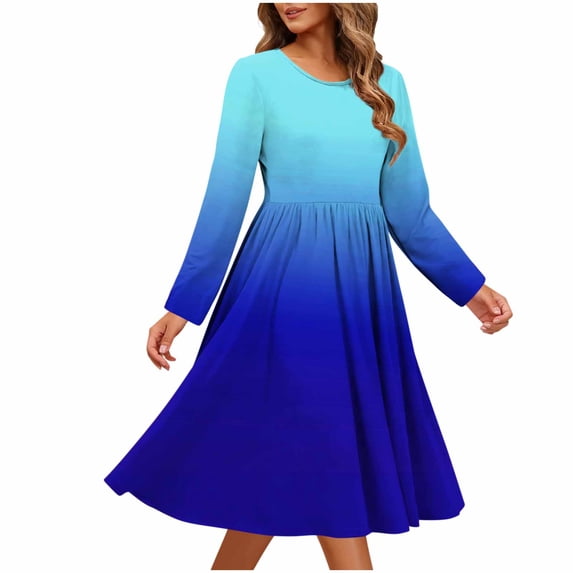 Ygbgbb Dresses for Women 2026 Spring Dress Lightweight Summer Loose Maxi Dress Casual Long Sleeve V Neck Dress Out Go Dress Blue M