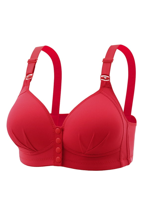 Everyday Bras for Women Soft Front Button Closure Wireless Push Up Daily Bras Solid Color Padded Beauty Back Comfortable and Breathless Bras Red XXL