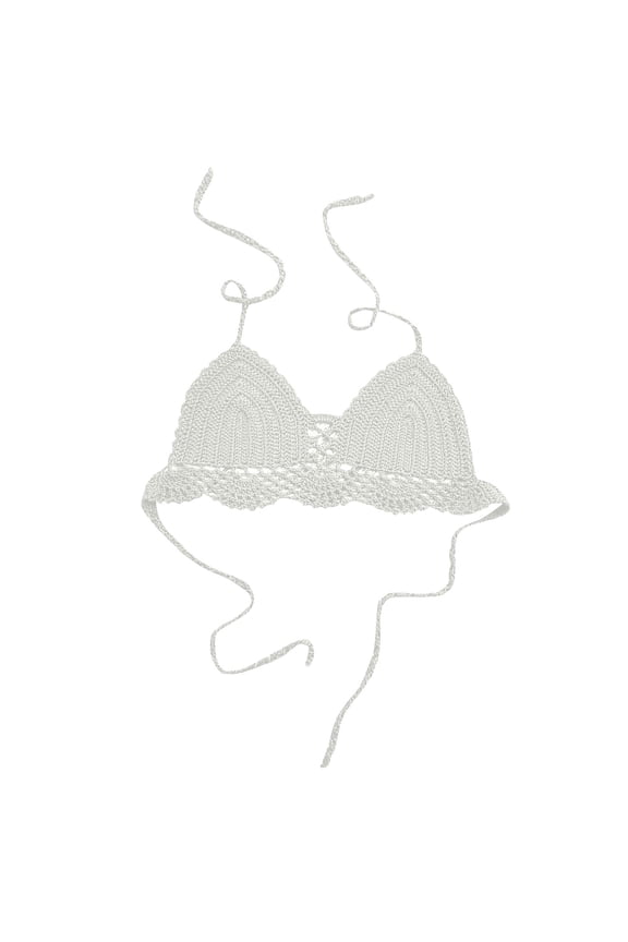 Hand Crochet Boho Beach Bralette, Cutout Back Thin Mesh Trendy Bikini Summer Vacation Top White S