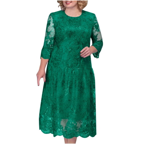 Ygbgbb Ladies' Evening Dress Heavy Industry Lace Embroidered Sequin Pattern Dress Seven Sleeve Round Neck Dress (Green,XXXXXL)