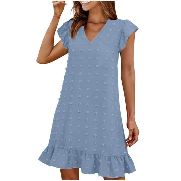 Ygbgbb Lightweight Spring Summer Dresses for Women 2026 V Neck Cap Sleeve Ruffle Hem Smock Short Dress Casual Beach Mini Dress Blue M