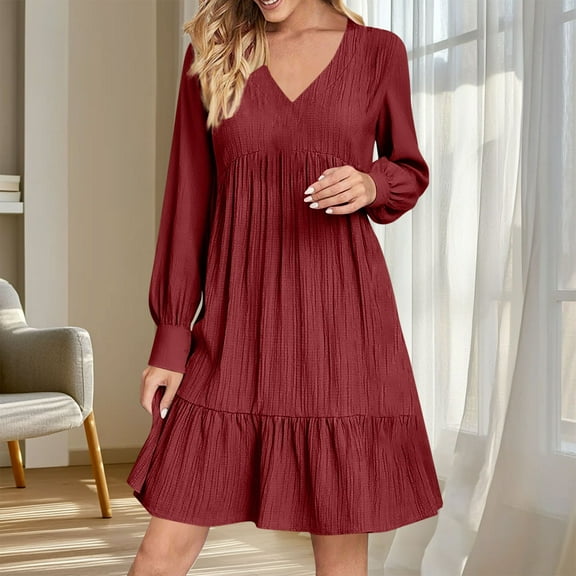 Ygbgbb Lightweight Summer Dresses for Women 2026 Vacation Casual Long Sleeve V Neck Dress A Line Midi Dress Pleated Ruffle Flowy Beach Sundresses Purple XXL