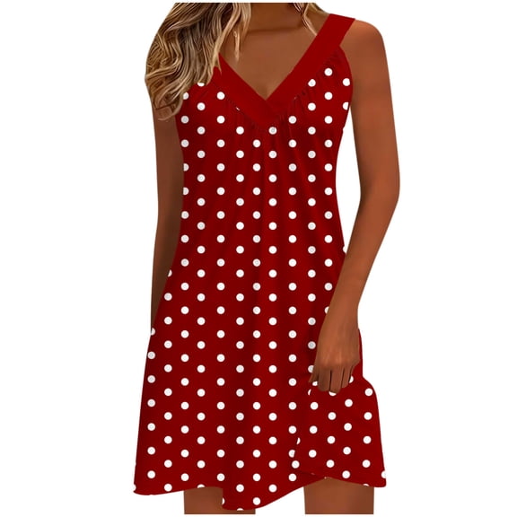 Ygbgbb Nightgowns for Women Summer Lightweight Comfy Mini Night Gowns Polka Dot Print Sleeveless Slip Dresses Loose Fit V Neck Sleep Shirts Wine S