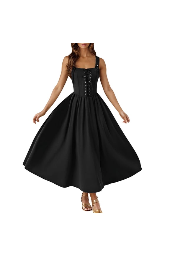 Renaissance Dress Women Gothic Style Sleeveless Maxi Dress Victorian Dresses Lace-Up Flowy Cottagecore Dress Medieval Fashion Elegant Costume Black XXL