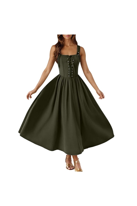 Renaissance Dress Women Gothic Style Sleeveless Maxi Dress Victorian Dresses Lace-Up Flowy Cottagecore Dress Medieval Fashion Elegant Costume Army Green M