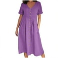 thumbnail image 1 of Ygbgbb Summer Casual Dresses For Women Fashion Button V Neck Cotton Linen Dress Solid Color Short Sleeve Loose Long Dresses With Pockets (Purple,L), 1 of 7
