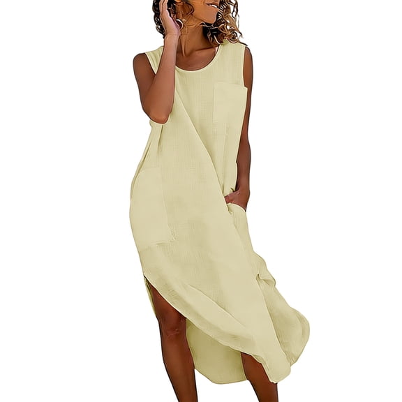 Ygbgbb Summer Dresses for Women 2026 Casual Short Sleeve Dress Lightweight Maxi Dress for Beach Vacation & Daily Wear Beige S