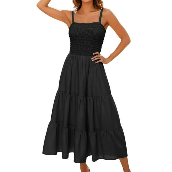 Ygbgbb Summer Maxi Dress for Women 2026 Casual Boho Dress Sleeveless Spaghetti Strap Smocked Tiered Long Dresses Fashion Beach Sundresses Black M