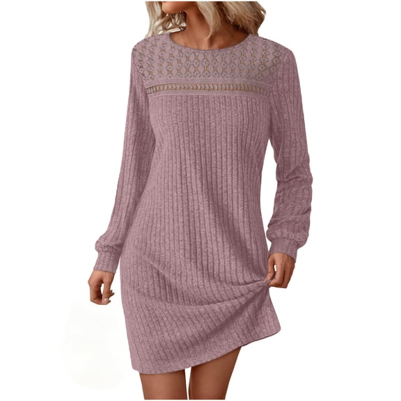 Ygbgbb Sweater Dress for Women Lightweight Spring Summer Dress Long Sleeve Crewneck Mini Dress Daily Casual & Work Dress Purple S