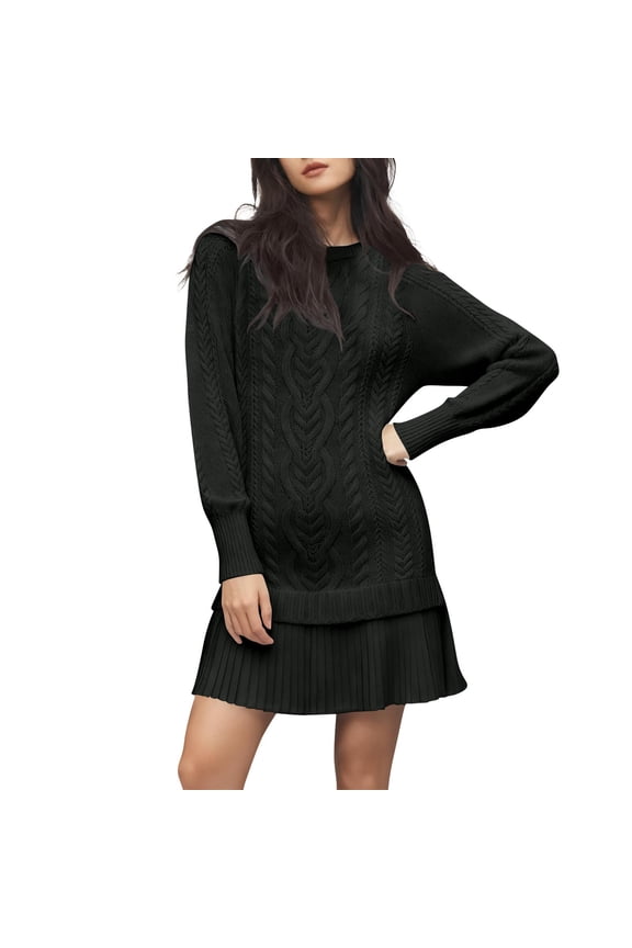 Sweater Dress for Women Long Sleeve Crewneck Pleated Mini Dress Casual Solid Cable Knit Dresses Twofer Style Patchwork Dress Black L