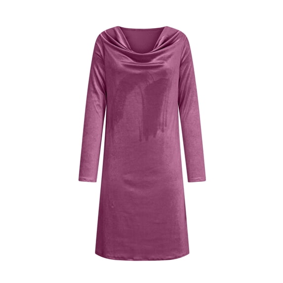 Ygbgbb Velvet Dress for Women Long Sleeve Crowl Neck Ladies Guest Wedding Dresses Fashion Elegant Holiday Party Cocktail Midi Dress Purple XXL