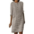 thumbnail image 1 of Ygbgbb Women 3/4 Sleeves Round Neck ButtonKnee Length Dress (Khaki,XL), 1 of 4