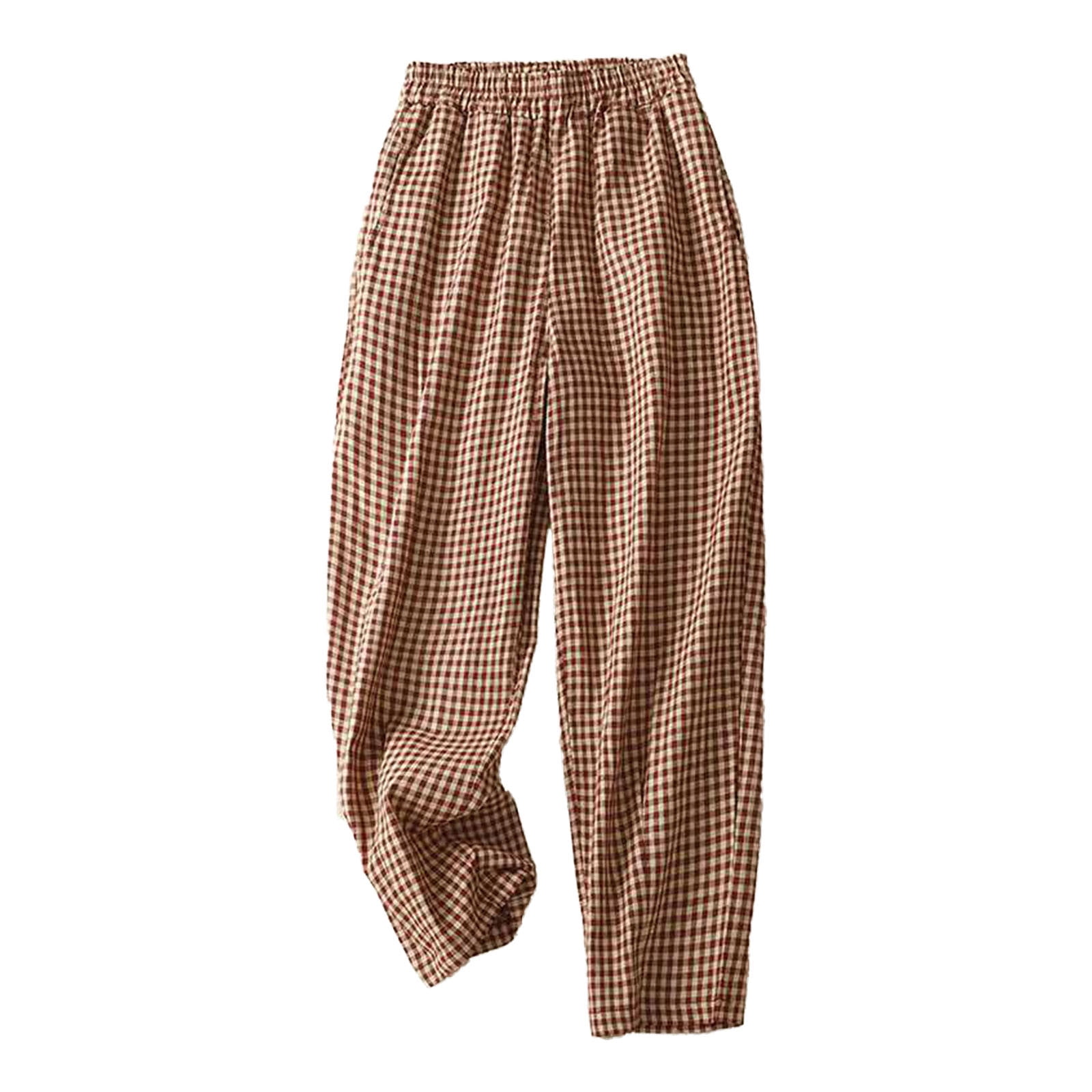 Ygbgbb Women Cotton Linen Gingham Plaid Pants Pockets Drawstring