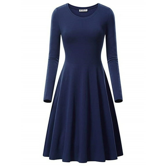 Ygbgbb Women Elegant Temperament Solid Color Round Neck Long Sleeved Dress (Dark Blue,XXXXL)