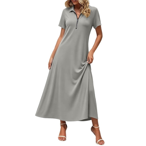 Ygbgbb Women Half Zip Fashion Maxi Dress, Short Sleeve Collared High Waist Flowy Long Dress for Daily Casual and Vacation Gray XXXXL