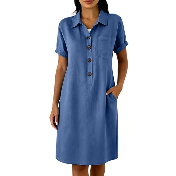 Ygbgbb Women Lapel Collar Linen Blend Midi Dress, Short Sleeve Half‑Button Front Tunic Dress with Side Pockets for Summer Vacation and Daily Casual Outfits Blue XL