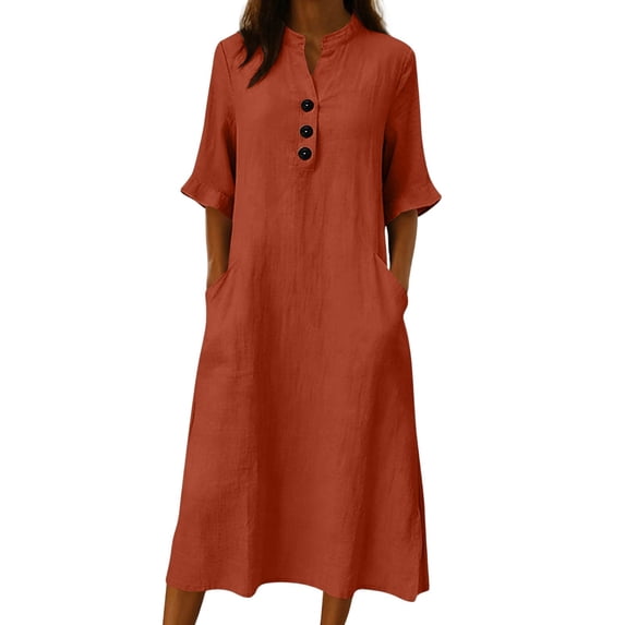 Ygbgbb Women Linen Blend Midi Dress, Notched Stand Collar Half Sleeve Button Placket Loose Dress with Side Pockets for Summer Casual Vacation Orange M