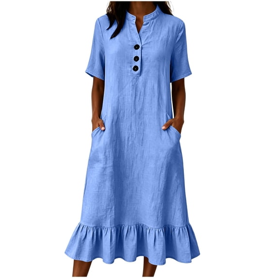 Ygbgbb Women Linen Blend Ruffled Maxi Dress, Notched Collar Short Sleeve Button Front Loose Dress with Side Pockets for Beach Bohemian Daily Wear Sky Blue S