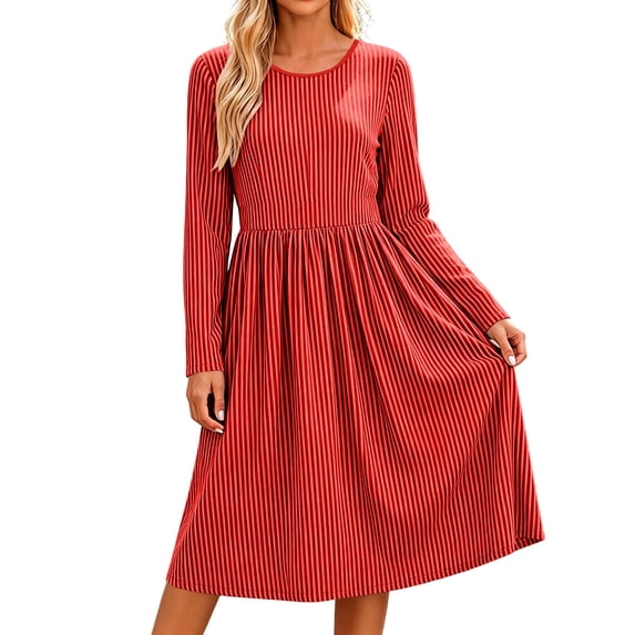 Ygbgbb Women Long Sleeve Striped Midi Dress, Round Neck High Waist A‑Line Flowy Swing Dress for Casual Daily and Weekend Outings Red XXL