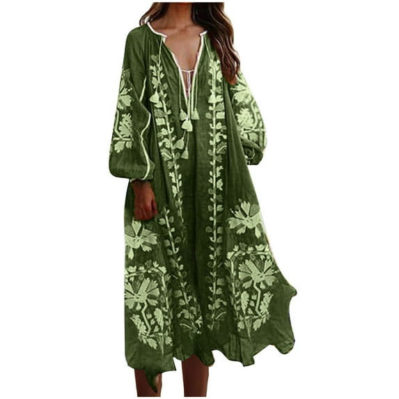Ygbgbb Women Loose Floral Print V-Neck Long Sleeve Bandage Bohemian Beach Maxi Dress (Green,XXXL)