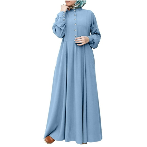 Ygbgbb Women Muslim Long Maxi Dress Buttons A-Line Robe Kaftan Loose Long Sleeve Islamic Clothing Abaya Femme Hijab Jilbab Khimar Caftan Blue XL