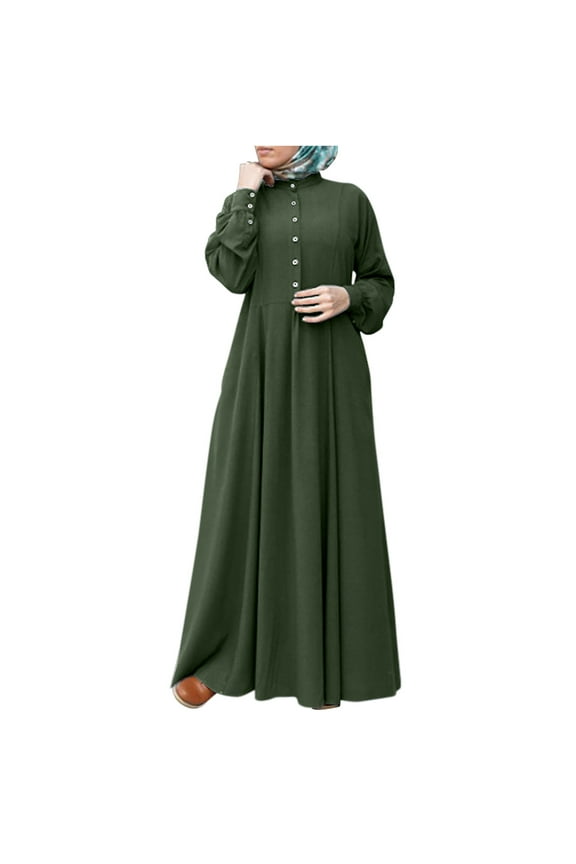 Women Muslim Long Maxi Dress Buttons A-Line Robe Kaftan Loose Long Sleeve Islamic Clothing Abaya Femme Hijab Jilbab Khimar Caftan Green L