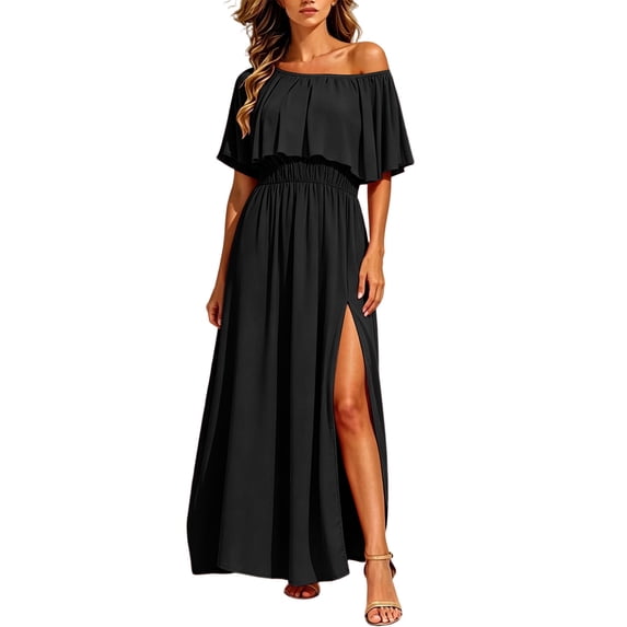 Ygbgbb Women Off‑Shoulder Ruffled Maxi Dress, Short Flutter Sleeve Smocked Waist High Side Slit Dress for Beach Wedding Guest and Party Events Black XL