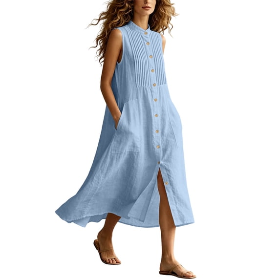 Ygbgbb Women Sleeveless Button Front Midi Dress, Stand Collar Pleated Loose Flowy Dress with Side Pockets for Summer Beach Wear Light Blue XXL