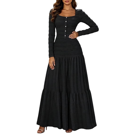Ygbgbb Women Square Neck Tiered Maxi Dress, Long Sleeve Textured Fabric Fitted Bodice Ruffle Tier Skirt Dress for Party and Dating Black M