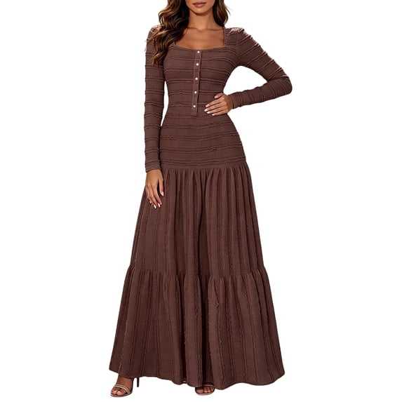 Ygbgbb Women Square Neck Tiered Maxi Dress, Long Sleeve Textured Fabric Fitted Bodice Ruffle Tier Skirt Dress for Party and Dating Brown S