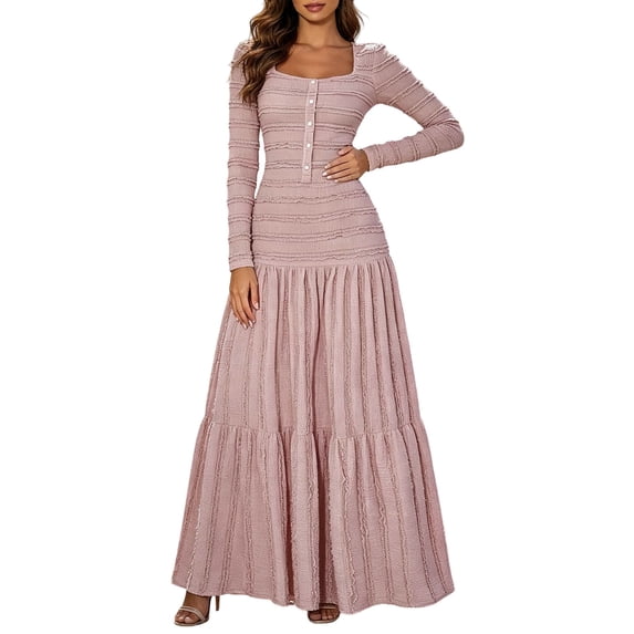 Ygbgbb Women Square Neck Tiered Maxi Dress, Long Sleeve Textured Fabric Fitted Bodice Ruffle Tier Skirt Dress for Party and Dating Pink M