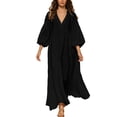 thumbnail image 1 of Ygbgbb Women V‑Neck Puff Sleeve Loose Maxi Dress, Elastic Waist Flowey Hem Casual Dress for Beach Holiday and Summer Relaxed Daily Wear Black S, 1 of 7