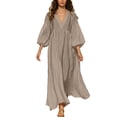 thumbnail image 1 of Ygbgbb Women V‑Neck Puff Sleeve Loose Maxi Dress, Elastic Waist Flowey Hem Casual Dress for Beach Holiday and Summer Relaxed Daily Wear Khaki S, 1 of 7
