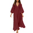 thumbnail image 1 of Ygbgbb Women V‑Neck Puff Sleeve Loose Maxi Dress, Elastic Waist Flowey Hem Casual Dress for Beach Holiday and Summer Relaxed Daily Wear Wine XXL, 1 of 7