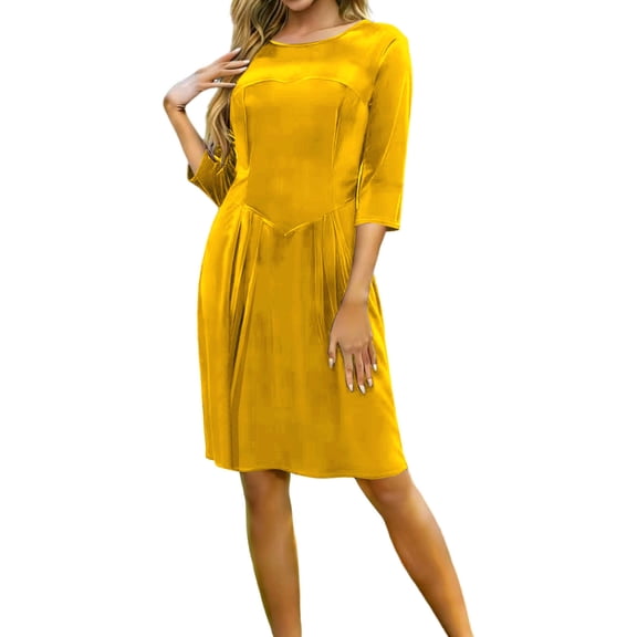 Ygbgbb Women Velvet Dress Vintage Modest Midi Dress Casual 3/4 Sleeve Crewneck Dresses Wedding Guest Bridal Cocktail Evening Gown Yellow L