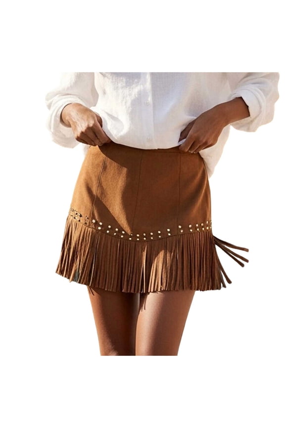 Women's 2026 Boho Faux Suede Fringe Mini Skirt High Waisted Studded A-Line Skirt with Tassel Hem Vintage Western Style Skirt for Festival Party and Casual Wear Brown M
