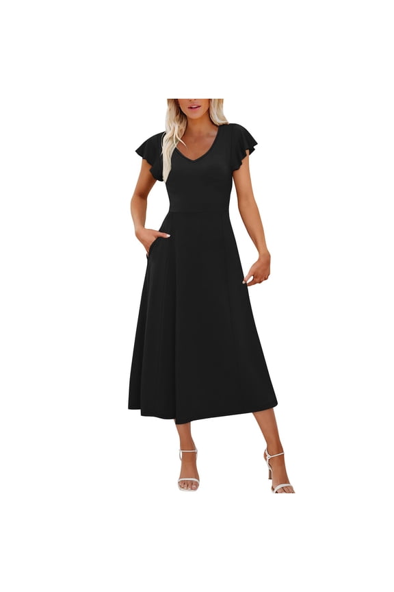 Women's 2026 Lightweight Summer Dresses Elegant Classy Ruffle Sleeve Scoop Neck Maxi Dress Formal Cocktail Wedding Guest Dress Black S