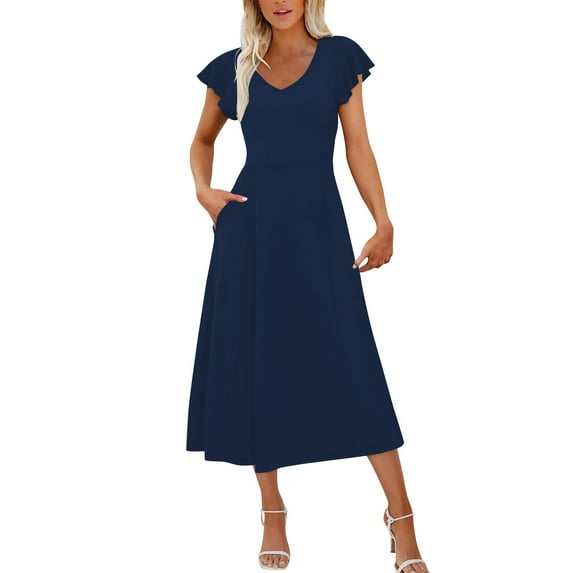 Ygbgbb Women's 2026 Lightweight Summer Dresses Elegant Classy Ruffle Sleeve Scoop Neck Maxi Dress Formal Cocktail Wedding Guest Dress Navy XXL