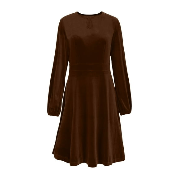 Ygbgbb Women's 2026 Velvet Dress Long Sleeve Crewneck Solid Tunic Dresses Pleated Midi Dress for Wedding Guest Evening Dancing Coffee XL