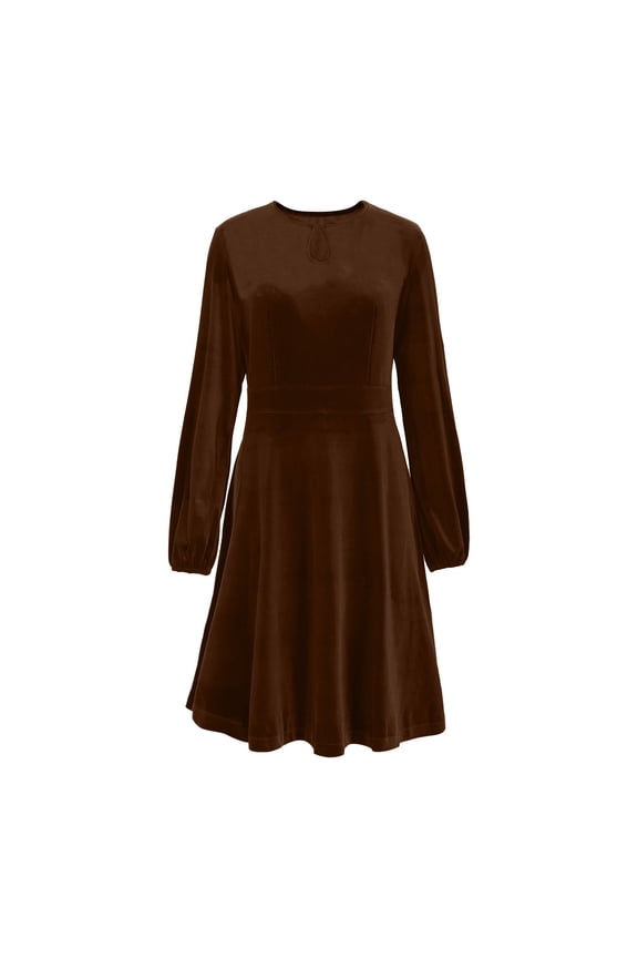 Women's 2026 Velvet Dress Long Sleeve Crewneck Solid Tunic Dresses Pleated Midi Dress for Wedding Guest Evening Dancing Coffee XXL