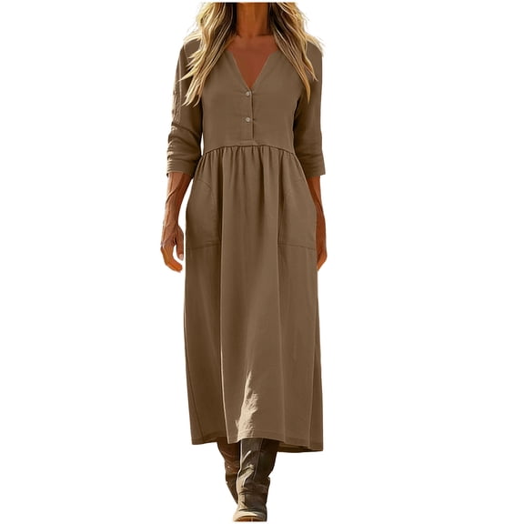 Ygbgbb Women's 3/4 Sleeve Maxi Dresses 2026 Spring Fall Casual V Neck Dresses Cotton Linen Dresses Flowy Boho Modest Trendy Summer Vacation Dress Brown M