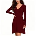 thumbnail image 1 of Ygbgbb Women's A-Line Sweater Dress Fitted Flowy Casual Dress Long Sleeve V Neck Rib Knit Mini Dress Lightweight Spring Summer Fall Season Wear Dresses Wine M, 1 of 5